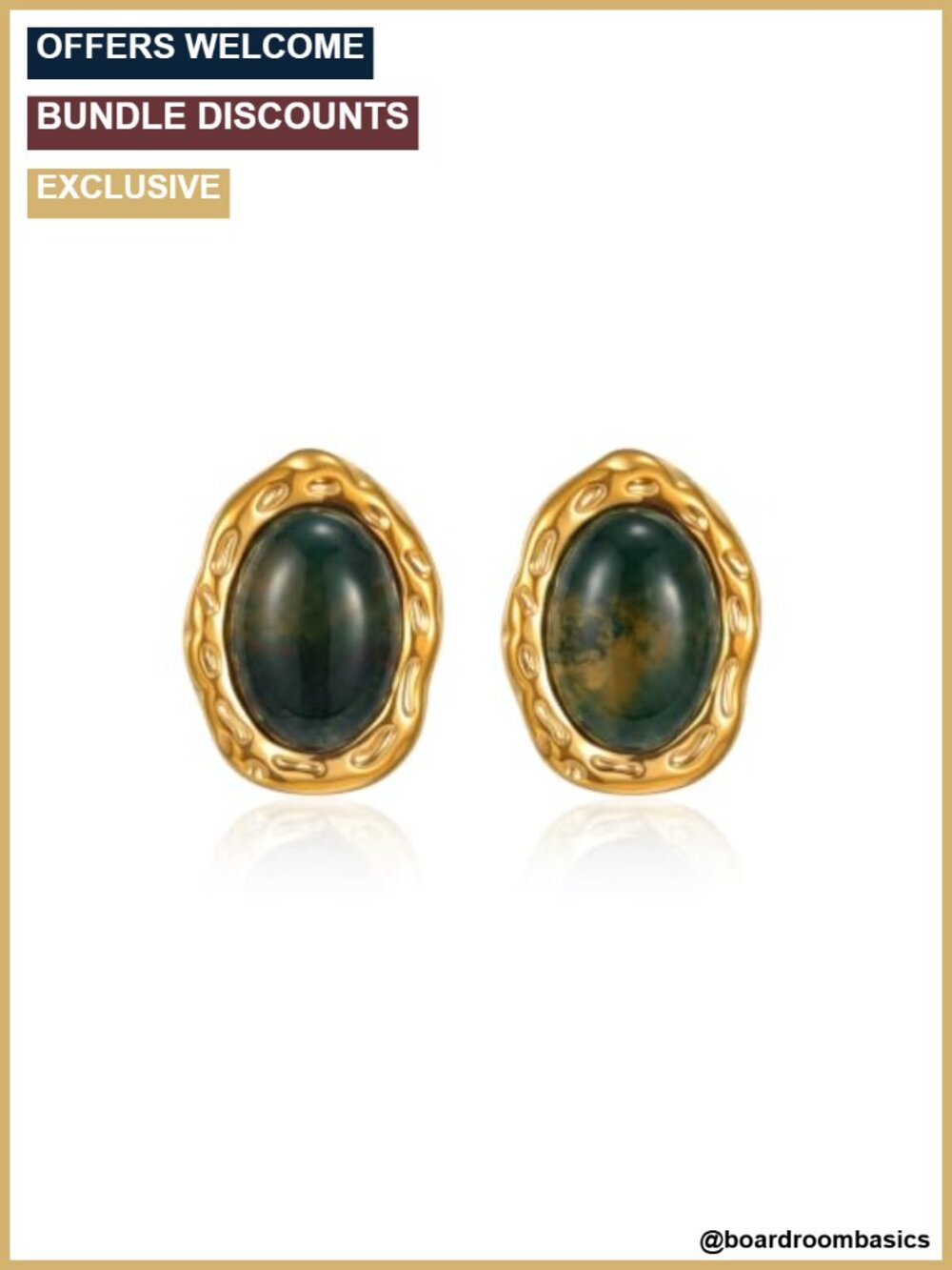 18K Gold Plated Moss Agate Oval Stud Earrings for Women